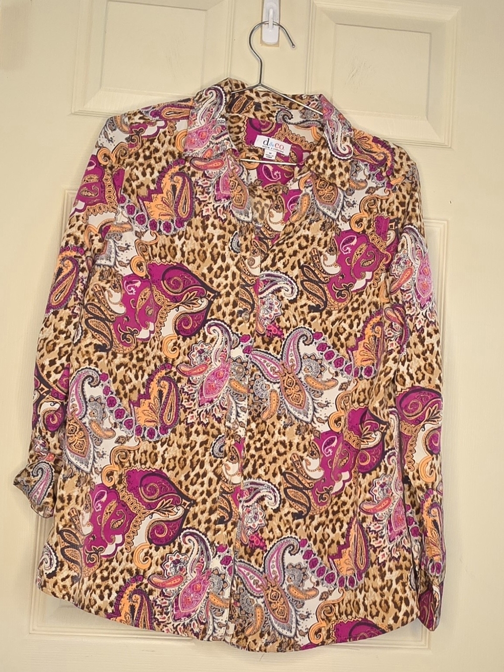 dc.co Paisley & Leopard Print Button-Down Shirt in Fuchsia and Tan